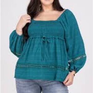 NWT 143 story Teal Square-Neck Peasant Blouse with Lace Trim size 3x spring